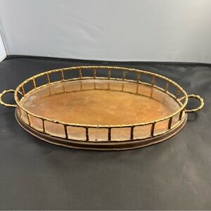 Vintage Brass Bamboo Tray Serving Vanity Hollywood Regency 12”